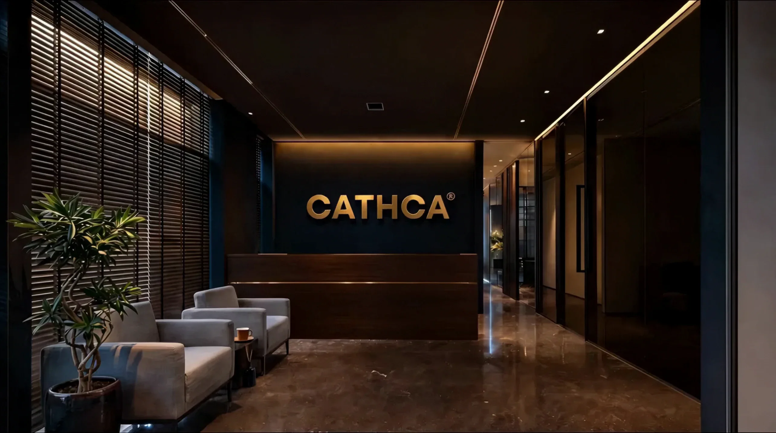 The approved Cathca lobby, reception desk and paper journey