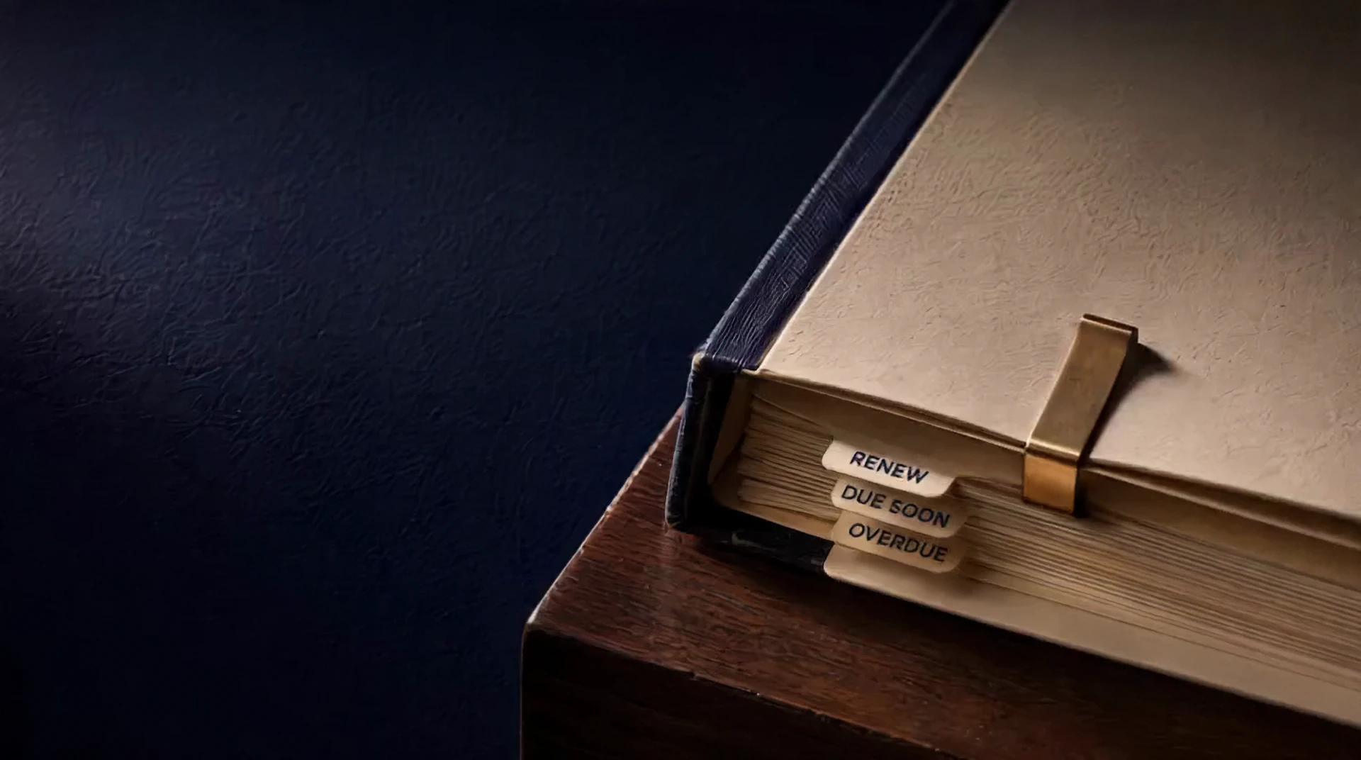 A stationary archival file with a clipped leaf opening to renewal and deadline notes