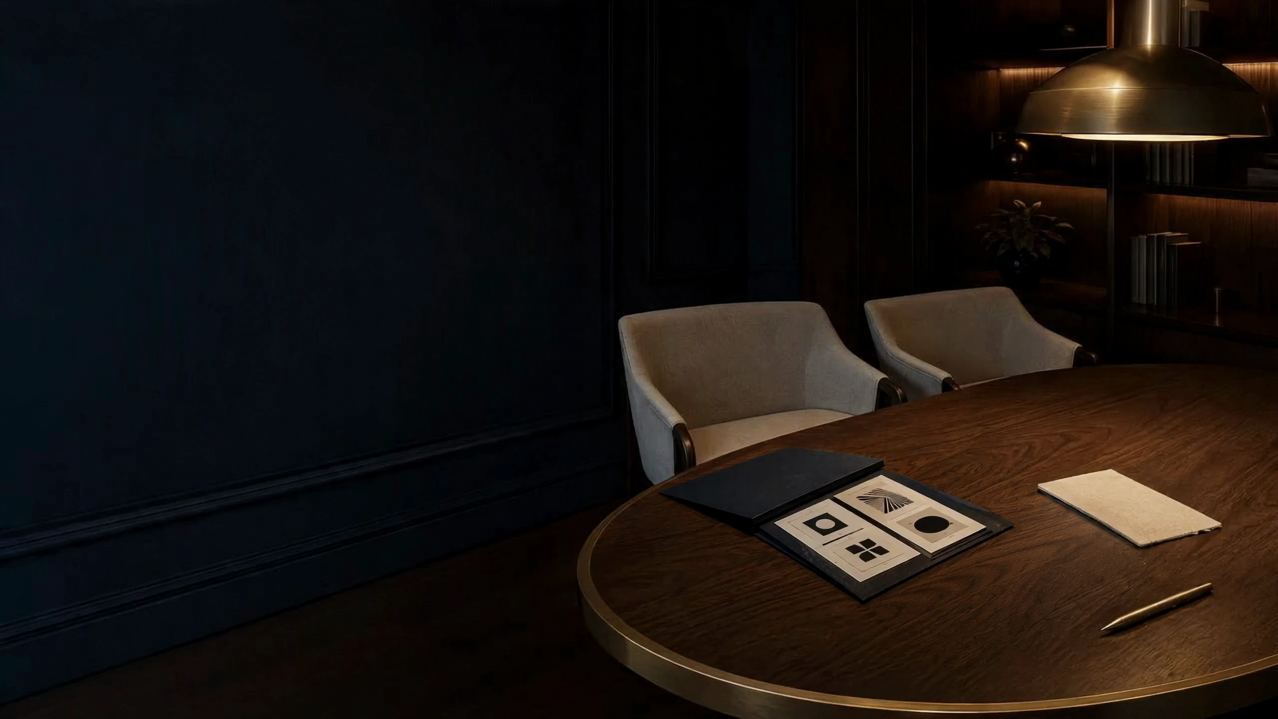 Four conceptual trademark specimens continuously changing shape on the advisory table